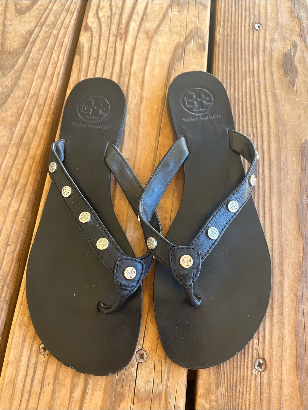 Tory Burch Black Leather Thong Sandals with Metal Logo Studs - Size 8
